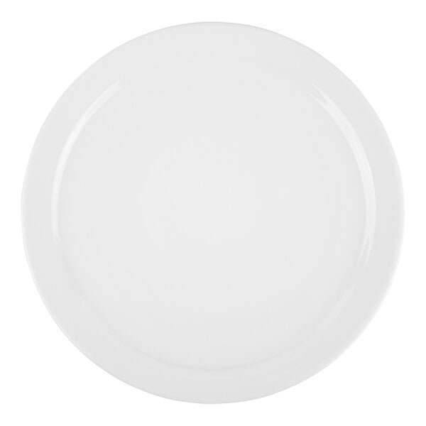 A round, bright white porcelain plate with a narrow rim.