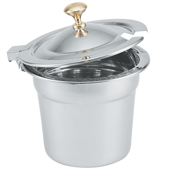 A stainless steel Vollrath soup inset pot with a silver hinged lid with a brass knob.