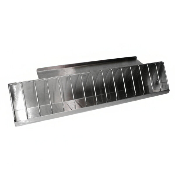 A stainless steel metal bun slide tray with a handle on it.