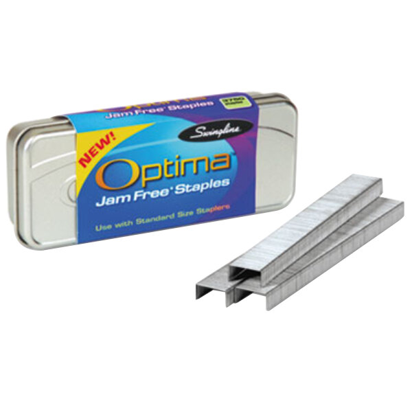 A box of Swingline Optima 210 staples with a blue and yellow label.