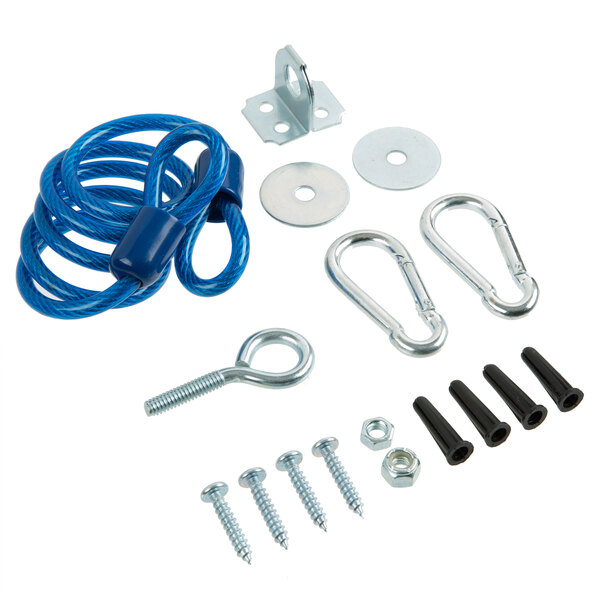 A blue coiled cable with screws and nuts.