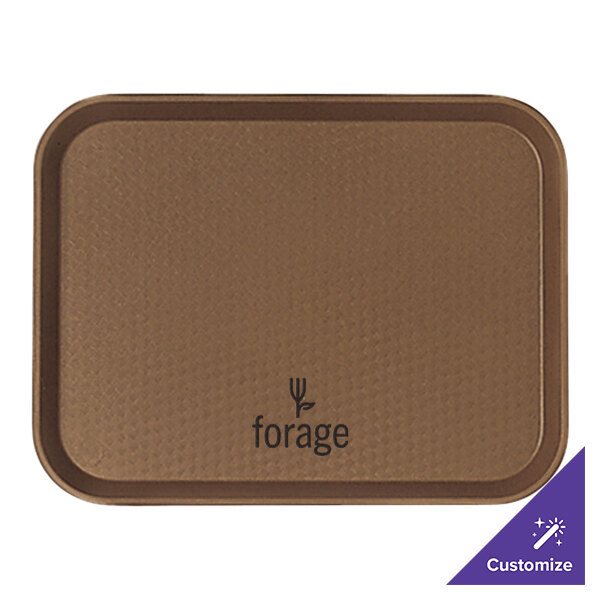 A brown Cambro fast food tray with a logo on it.