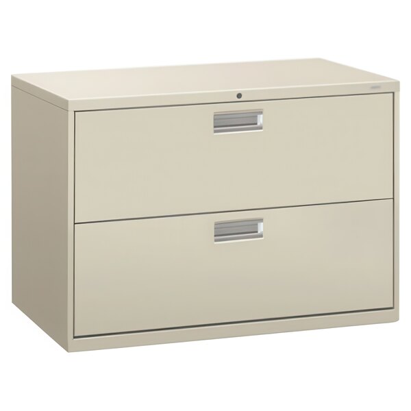 A light gray HON two-drawer lateral filing cabinet.