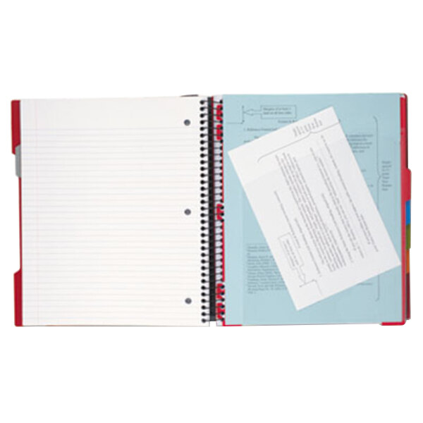 A red spiral bound Five Star notebook with college ruled paper and a pen on top.