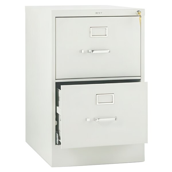 A light gray file cabinet with two drawers and a handle.