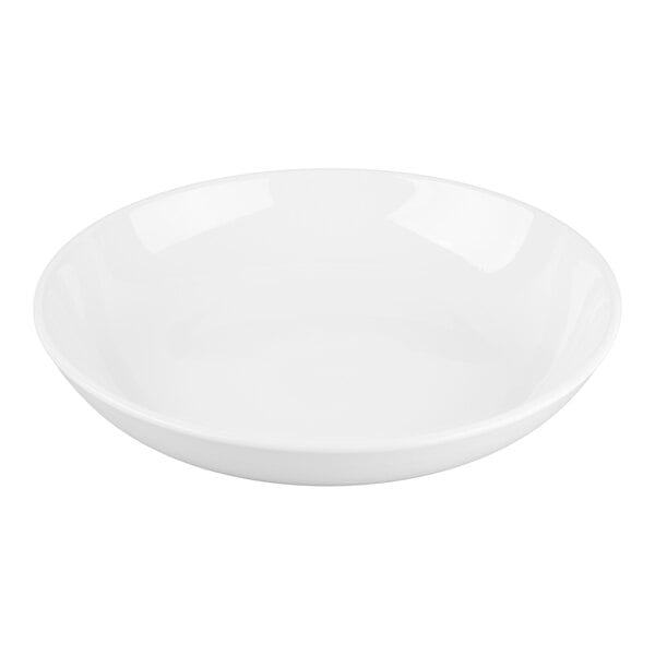 A plain, round, white shallow bowl with smooth sides and a glossy finish.