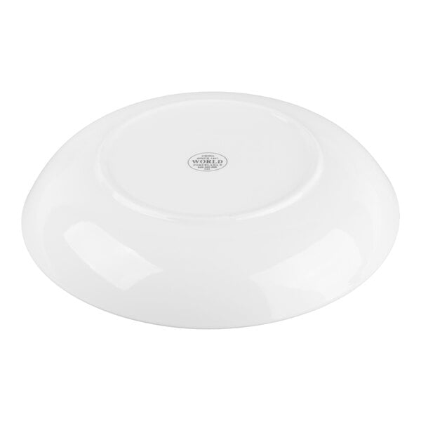 A white porcelain bowl shown upside down with a small logo or label at the center of its base.