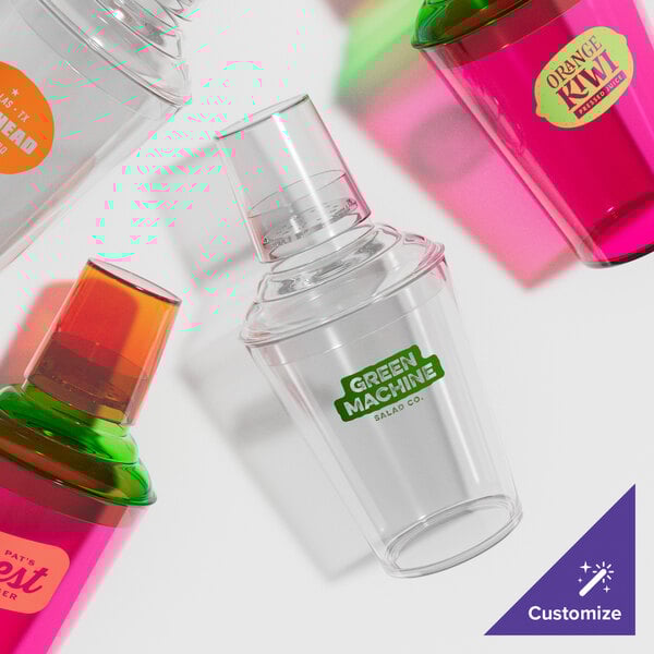 A customizable neon plastic cocktail shaker filled with colorful liquid.