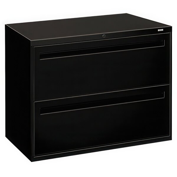 A black HON 700 Series two-drawer lateral filing cabinet.