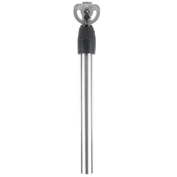 A silver metal upright with a black cap.