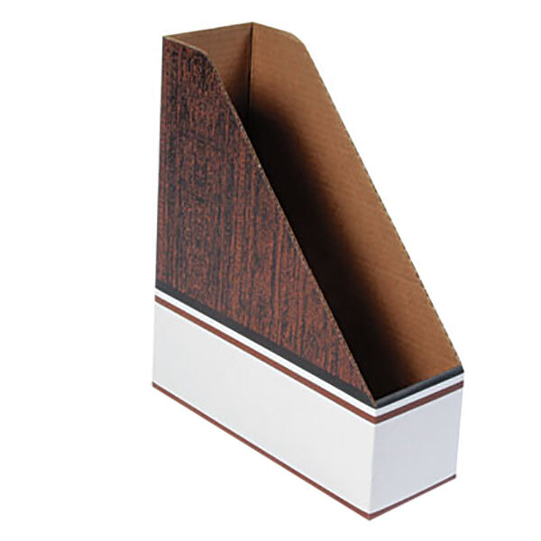 A brown and white cardboard magazine file with a wood grain pattern.