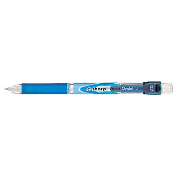 A blue Pentel e-Sharp mechanical pencil with a blue cap.