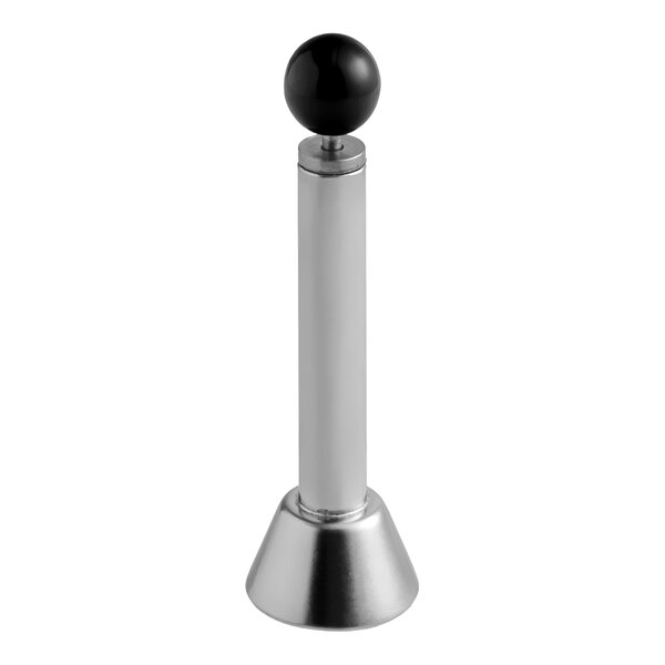 A stainless steel egg topper with a cylindrical handle and a black knob on top.