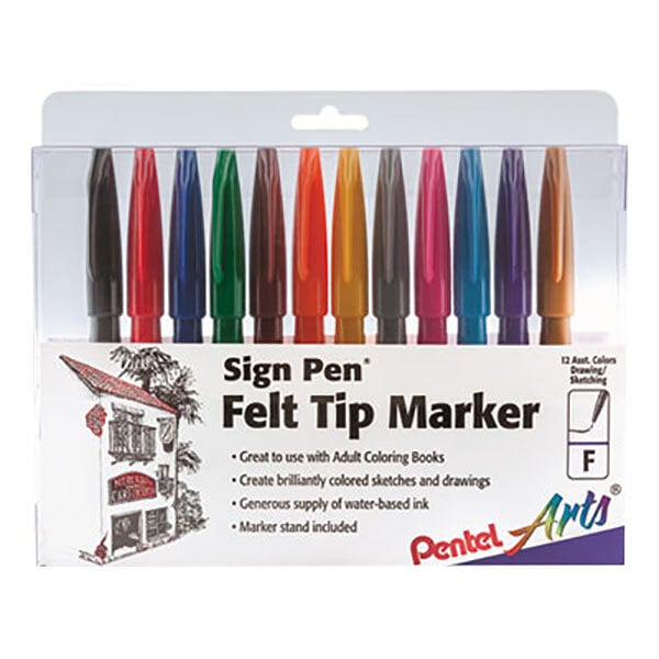 A box of Pentel Sign Pen felt tip markers with assorted ink.