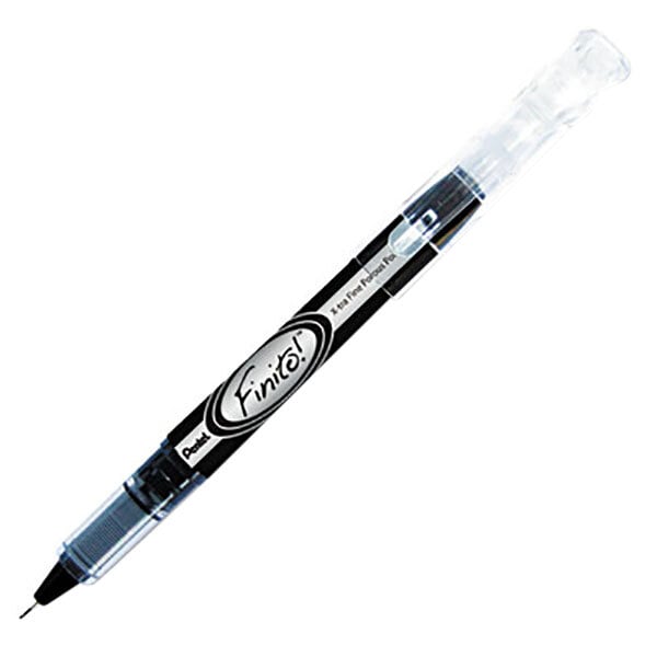 The clear cap of a Pentel Finito! pen with a black barrel and black ink.