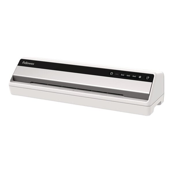 A white and black Fellowes Saturn 125 laminator designed for laminating documents up to 12 1/2 inches wide.