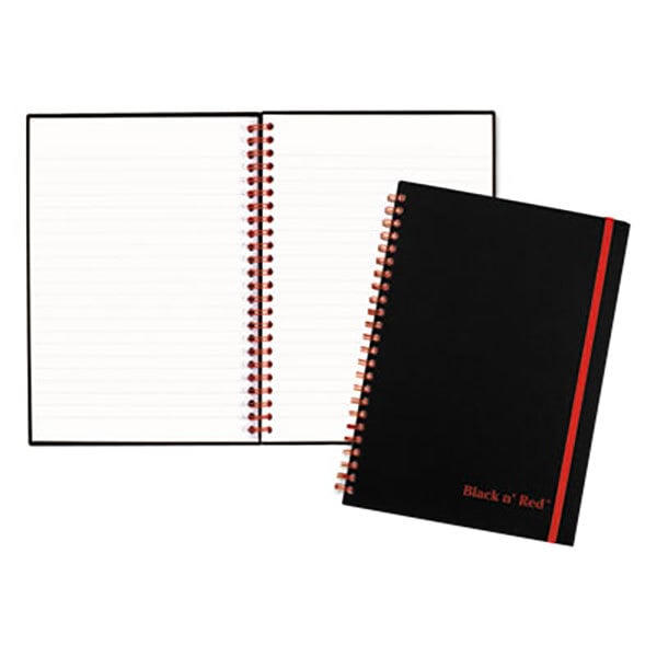 A black notebook with red writing on it.