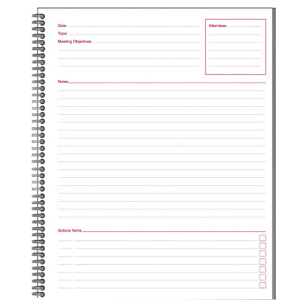 A black linen-covered Cambridge business notebook with a spiral binding and lined pages.