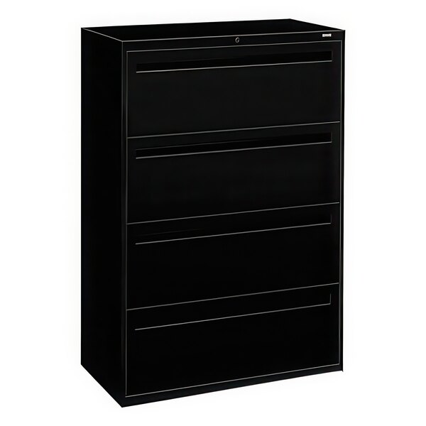 A black HON 700 Series lateral filing cabinet with four drawers.