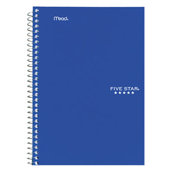 A close-up of a blue spiral Mead notebook with white college rule lines.