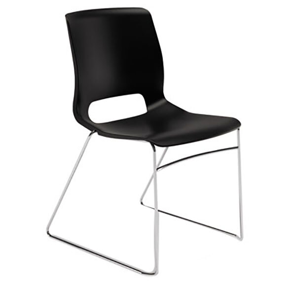 A black HON Motivate high density stacking chair with chrome legs.