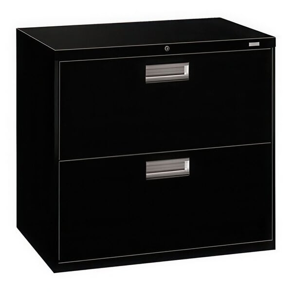 A black HON 2-drawer lateral filing cabinet with silver handles.