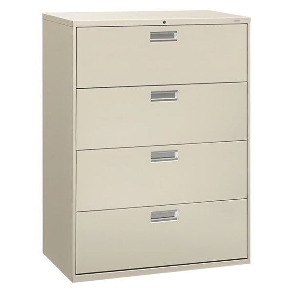 A light gray HON Brigade lateral file cabinet with four drawers and silver handles on a white background.