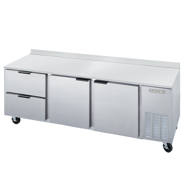 A white Beverage-Air worktop refrigerator with two drawers and two doors.