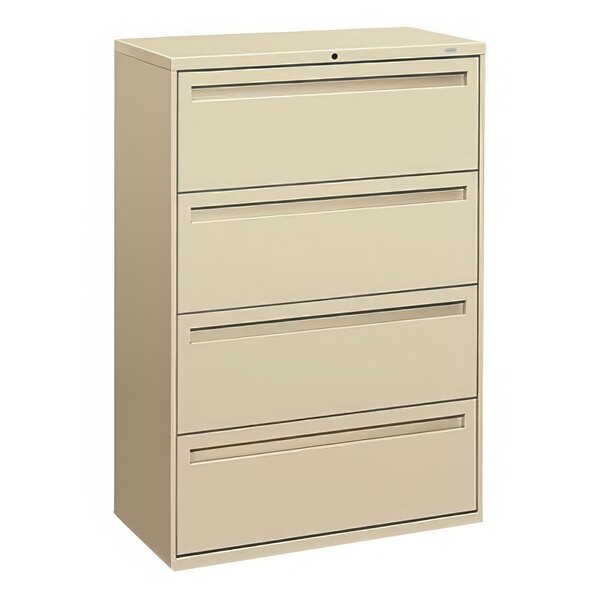 A tan HON 700 Series lateral filing cabinet with four drawers.