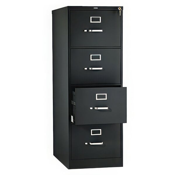 A black HON filing cabinet with four drawers.