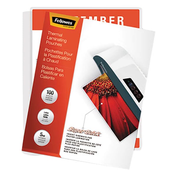 A white and red rectangular package of Fellowes 11" x 9" Letter Laminating Pouches with a red label.