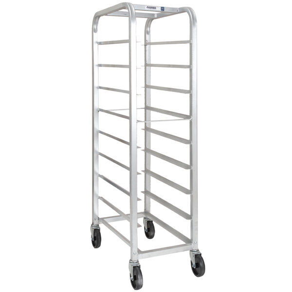 A Channel bottom load heavy-duty aluminum platter rack with wheels and shelves.