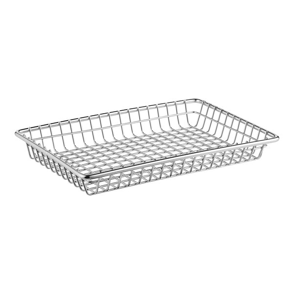 A Clipper Mill stainless steel rectangular wire grid basket.