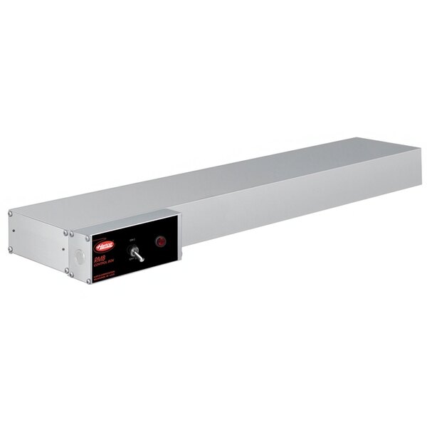 A long rectangular metal Hatco strip warmer with attached toggle controls.