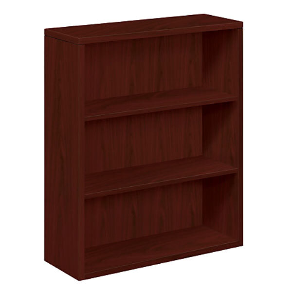 A mahogany wooden bookcase with three shelves.