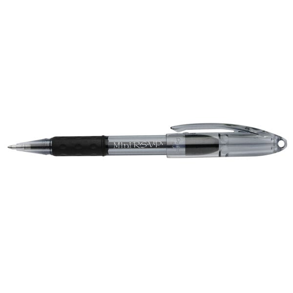 The tip of a Pentel R.S.V.P. Mini ballpoint pen with black and silver ink.