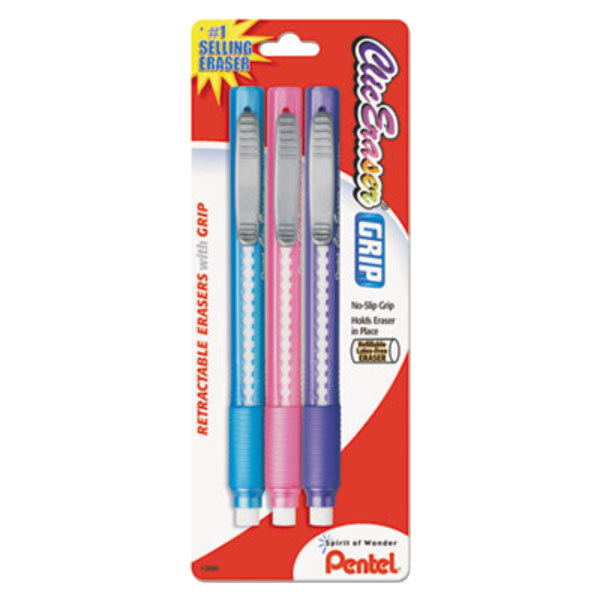 A package of 3 Pentel Clic Erasers with pink, purple, and blue pencil-style barrels.