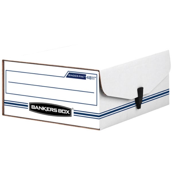 A white Banker's Box storage box with a black and white logo.