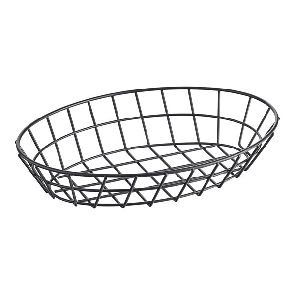 A close-up of a Clipper Mill black wire grid basket with a handle.