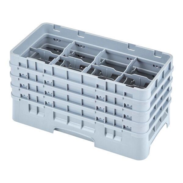 A soft gray plastic Cambro half size glass rack with eight compartments and four extenders.