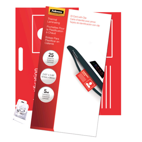 A package of Fellowes ID badge laminating pouches.