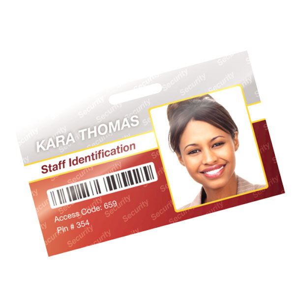 A close-up of a woman's identification card being laminated with a Fellowes ID badge laminating pouch.