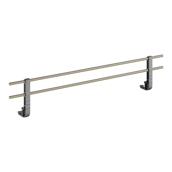 A white metal Cambro shelf rail with two metal rods.