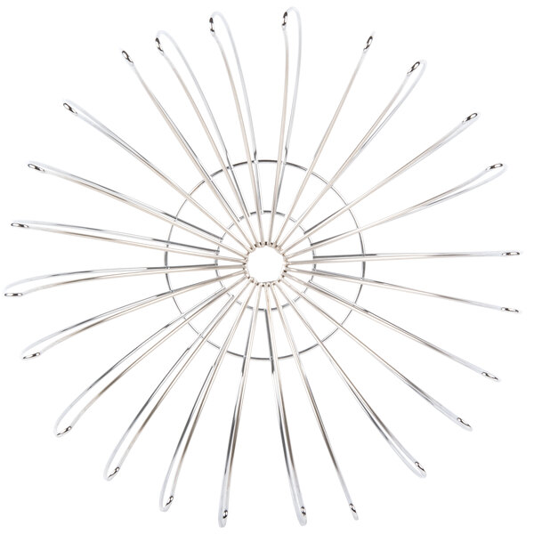 A Clipper Mill chrome plated iron wire basket with many metal rods hanging from it.