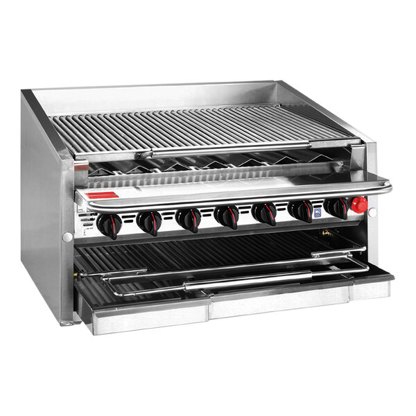 A MagiKitch'n stainless steel countertop charbroiler with cast iron radiant burners.