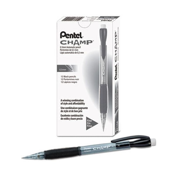 A Pentel gray mechanical pencil with a black cap and a black box.