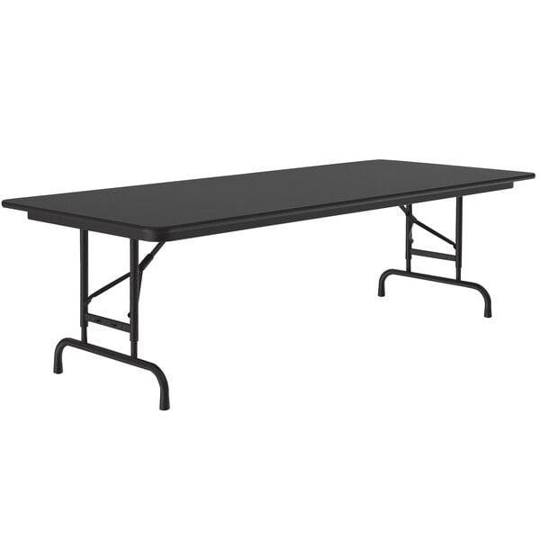 A rectangular black Correll folding table with legs.