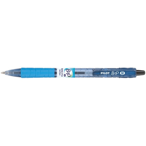 A Pilot B2P blue pen with a blue cap.