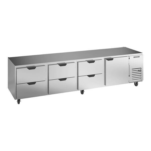 A stainless steel Beverage-Air undercounter refrigerator with six drawers.