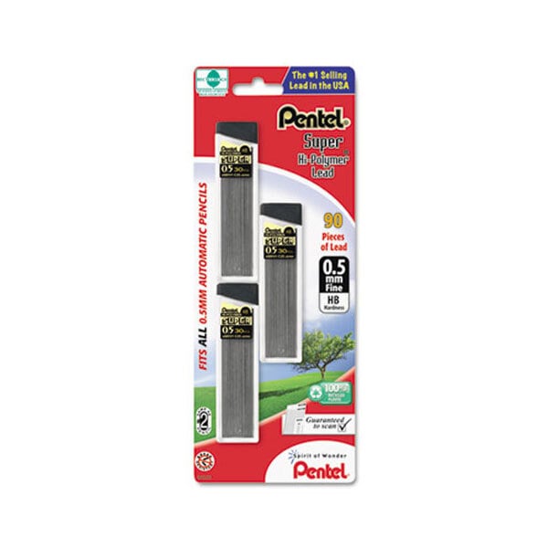 A package of 3 black Pentel 0.5mm HB Super Hi-Polymer lead refills.
